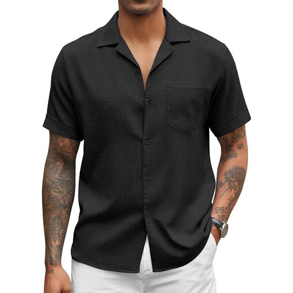 Men Black Casual Short Sleeve Button Down Shirts Cuban Linen Shirt Beach Wear - Picture 1 of 6